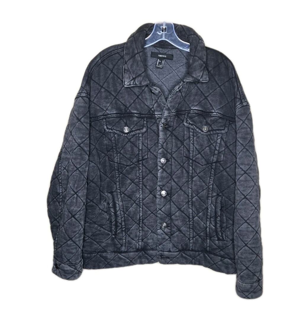 Forever21 Quilted Jacket Distressed Black Oversized Size Large